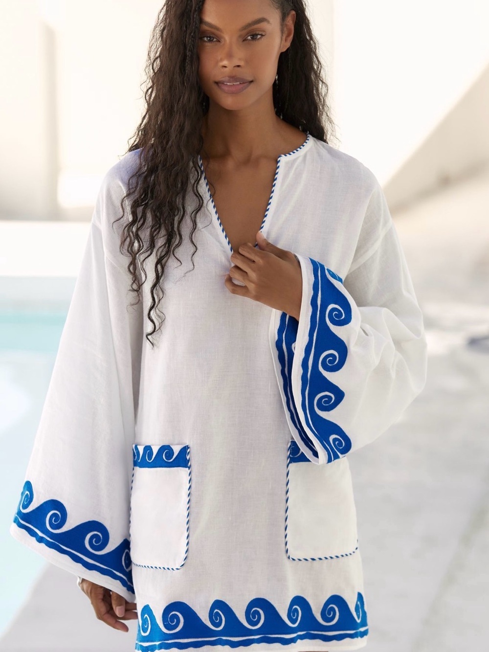 Celandine Embroidered Wave Cotton Linen Mini Dress - NWT